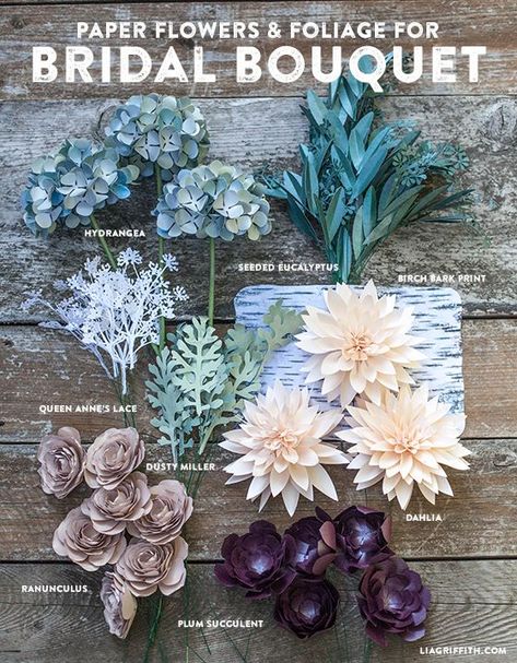 Cricut Wedding Flowers, Cricut Bouquet Of Flowers, Lia Griffith Flowers, Cricut Bouquet, Cricut Flower Bouquet, Paper Flowers For Wedding, Paper Foliage, Wedding Paper Flowers, Paper Bridal Bouquet