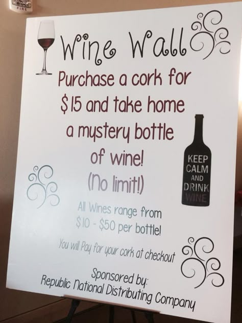 This is a great idea for your next silent auction.  We are seeing more and more of our Handbid customers implementing this.  You can set up the wine wall with a set of corks that users can buy right from the app and redeem them for a mystery bag of wine.  Mix in some more expensive wines with some cheaper ones and make it fun.    At the Heritage Elementary school auction on Handbid, their wine wall sold out within minutes. Wine Pull, Fundraiser Baskets, Silent Auction Baskets, Auction Basket, Stag And Doe, Auction Baskets, Raffle Basket, School Auction, Gala Ideas