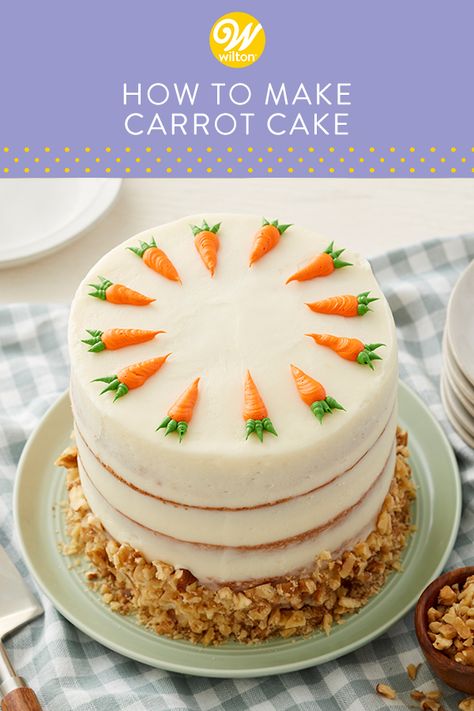 Learn how to bake, store and decorate a delicious carrot cake for your next spring celebration. This easy carrot cake recipe, complete with fresh carrots, raisins and tangy cream cheese frosting, makes a fluffy and moist 2-layer carrot cake. Top your dessert with sweet buttercream carrots for the perfect finishing touch. #wiltoncakes #carrotcake #creamcheesefrosting #homemade #recipes #baking #cakerecipes #cakeideas #eastercake #springcake #blog #blogger #blogpost #cakeideas #springdessert Easy Carrot Cake Recipe, Classic Carrot Cake Recipe, Carrot Cake Recipe Homemade, Carrot Cake Decoration, Best Carrot Cake Recipe, Unfrosted Cake, The Best Carrot Cake, Carrot Cake Recipe Easy, Cannoli Recipe