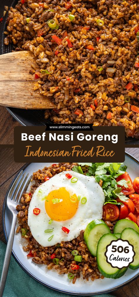 Discover the rich and savoury world of Indonesian cuisine with this tantalizing Nasi Goreng, a flavorful fried rice delight featuring beef mince, enhanced by a sweet and umami-packed soy sauce with a hint of spice. Beef Nasi Goreng Recipe, Rice Dishes From Around The World, Meat Over Rice Recipes, Thai Minced Beef, Asian Rice Dishes Easy Recipes, Minced Beef Asian Recipe, Rice And Minced Beef, Minced Beef Fried Rice, Low Calorie Minced Beef Recipes