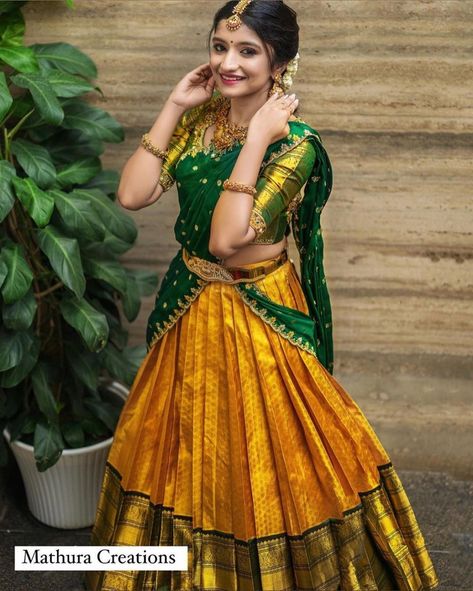 Half Saree Traditional Style, Voni Function Half Saree, Pattu Half Saree Blouse Designs, Half Sarees Latest Designs, Dhavani Half Saree Color Combos, Latest Half Sarees, Half Saree Models Latest, Half Saree Function Stills, Latest Half Saree Designs