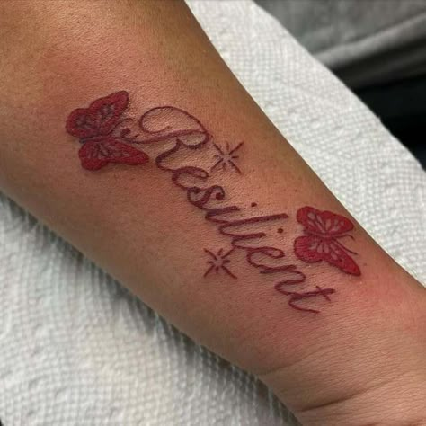 Resilient Tattoo Ideas, Small Red Tattoo Ideas, Dope Tattoos For Women Arm, Chucky Tattoos, Resilient Tattoo, Resilience Tattoo, Tattoo Rib, Chucky Tattoo, Tattooing Inks