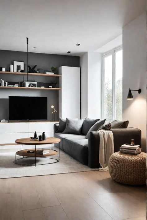 A Scandinavian living room with a sleek minimalist TV unit and hidden Minimalistic Modern Living Room, Small Living Room Decor Minimalist, Living Room Decor Small Space, Minimalist Small Living Room Ideas, Scandinavian Living Room Tv, Minimalist Apartment Living Room, Nordic Living Room Scandinavian Interiors, Nordic Design Interior, Apartment Scandinavian Style