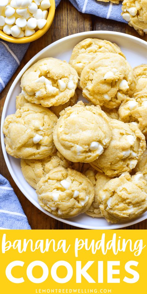 Banana Pudding Cookies are perfectly soft and chewy and packed with the delicious flavors of white chocolate and banana pudding. Guaranteed to be a new favorite! Recipes That Use Banana Pudding, Dessert Recipes Banana, Banana Pudding Ideas, Banana Pudding Mix Uses, Banana Cool Whip Dessert, Recipes Using Banana Pudding, Banana Cream Cookies Recipe, Banana Pudding Cake Mix Cookies, Banana Cream Pudding Cookies