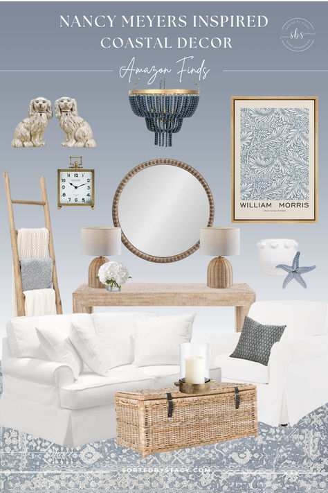 Get the effortless coastal charm of a Nancy Meyers movie in your own living room! We've curated these beachy, coastal items from Amazon that will help you achieve a cozy, coastal look without breaking the bank. Discover your new favorite pieces today!🌊💕 Coastal Traditional Living Room, White Slipcovered Sofa, Neutral Coastal Living Room, Cozy Coastal Living Room, Preppy Living Room, Coastal Farmhouse Living Room, Farmhouse Coastal Decor, Rattan Console Table, Coastal Cottage Living Room