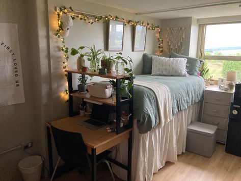 College Dorm Room Ideas Low Bed, Fgcu Dorm Room, Dorm Room Ucsc, Doorm Room Ideas, Ucsd Dorm, Dorm Room Bedding Dormify, Lofted Dorm Beds, Pretty Dorm Room, Cozy Dorm Room