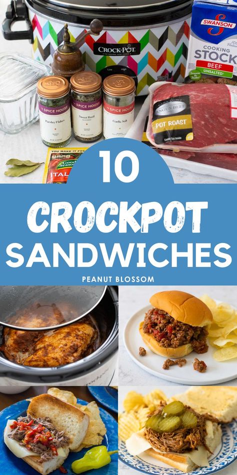 Make the fillings for these easy Crockpot sandwiches right in the slowcooker or freeze them and warm them up in the Crockpot during a busy night or for a sandwich bar at a party. This is a great idea for an open house or football party! Crockpot Italian Chicken Sandwiches, Easy Crockpot Sandwiches, Crockpot Recipes For Sandwiches, Football Sandwich Ideas, Crockpot Sandwiches Recipes, Slow Cooker Sandwiches For A Crowd, Crock Pot Lunch Ideas, Hot Sandwich Recipes Crock Pots, Crockpot Sandwich Meat