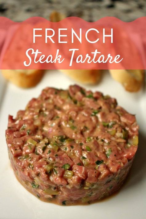 A French classic, Steak Tartare is a raw preparation of beef that is common in French bistros, brasseries, and cafes. It's easy to make, requires no cooking, and is best with a side of fries, a light salad, and/or toast points. Tartar Recipe Beef, Beef Tartar Recipe, Best Beef Tartare Recipe, Steak Tartare Recipe French, Raw Beef Recipes, Beef Tartare Fine Dining, Beef Tartare Plating, Tartar Beef, Meat Tartare