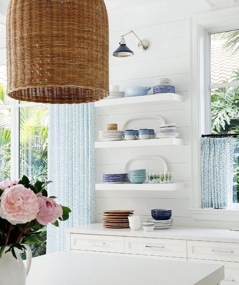 Shelves Between Windows, Kitchen Cabinets With Open Shelves, Two Tone Countertops, Ceiling Height Kitchen Cabinets, Glass Fronted Kitchen Cabinets, Shelving In Kitchen, Beadboard Kitchen, Blue Kitchen Island, Blue Subway Tile