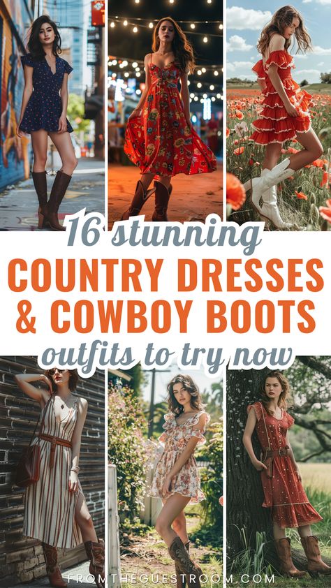 women wear country dresses and cowboy boots, western outfits Cute Dresses To Wear With Cowboy Boots, Dress To Wear With Cowboy Boots, Corral Boots Outfit, Western Dresses With Boots, Country Dresses With Cowboy Boots, Cowboy Boots With Dress, Cowboy Boots Dress, Dresses And Cowboy Boots, Cowgirl Dresses With Boots