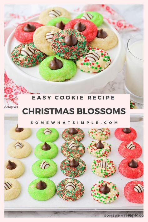 These Christmas blossom cookies are a fun and delicious way to spread some holiday cheer!  Made with your favorite sugar cookie dough, Christmas decorations and a Hershey's Kiss, these cookies are irresistible! These are so easy, they take only minutes to prepare but look like you've been baking all day! via @somewhatsimple Cookie Dough Christmas, New Year's Desserts, Christmas Eats, Holiday Snack, Best Christmas Cookie Recipe, Sugar Cookie Mix, Blossom Cookies, Amazing Desserts, Christmas Cookie Exchange