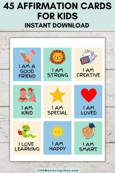 Kids Affirmation Cards, Printable Daily Affirmation Cards For Kids Instant Download - PDF including 5 sheets in US Letter, 9 cards per sheet, 45 total cards. These printable affirmations for kids will help build your child's self-esteem and promote positivity. Have your child read through the cards every day or include a card in their lunch box or backpack and it will put a smile on their face. The cards will encourage self-assurance, self-acceptance, and kindness. Preschool Positive Affirmations, Daily Affirmations For Kindergarten, Daily Affirmations For Preschoolers, Preschool Affirmations Printable, Affirmations For Kindergarten, Kids Affirmations Free Printable, Kindergarten Affirmations, Affirmations For Preschoolers, Preschool Affirmations