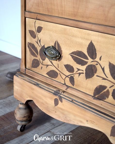 It's not paint. It's not a furniture transfer. It's STAIN. Have you ever thought about using stencils with stain? It's a fantastic way to add a touch of personality and uniqueness to your furniture projects. By applying stain over a stencil, you can create beautiful patterns that highlight the natural wood grain. Choose a stencil design that complements your furniture's style. Consider geometric patterns, floral motifs, or even custom designs. Something simple that lets the wood stand out... Forest Living, Using Stencils, Fairytale Forest, Patterns Floral, Stencil Design, Wood Stand, Stencil Designs, New Leaf, Floral Motifs