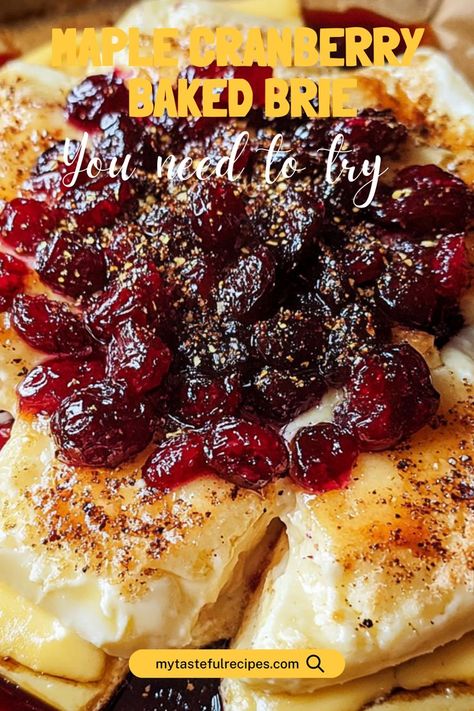 Indulge in this irresistible maple cranberry baked brie! A creamy, melty wheel of brie cheese is topped with a tangy cranberry sauce and sweet maple syrup—perfect for holiday gatherings or cozy nights in. Bourbon Glazed Cranberry Baked Brie Wreath, Maple Cranberry Baked Brie, What To Do With Brie Cheese, Topping For Brie Cheese, Brie Cheese Recipes Baked, Blueberry Baked Brie, Baked Brie With Cranberry Sauce, Christmas Brie, Baked Brie With Cranberry