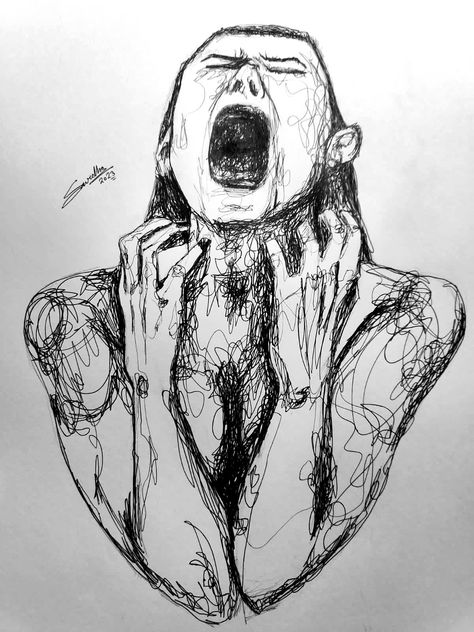 It is a pen art showing intense emotions . A women screaming with all her power to let the fear , guilt and sadness out. The art piece doesn't have any perfect line but somehow all the lines together makes sense. Man Screaming Drawing, Person Screaming Drawing, Mental Health Draws Ideas, Mental Health Artwork, Screaming Drawing, Drawing Feelings, Healing Artwork, Horror Drawing, Draw And Paint