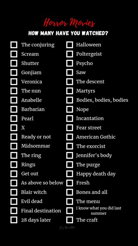 Scary Movie Checklist, This Or That Horror Edition, Horror Movies Checklist, Horror Movie Checklist, Halloween Night Movie, Scary Names, Scary Movie List, 1980s Horror Movies, Haunted Movie