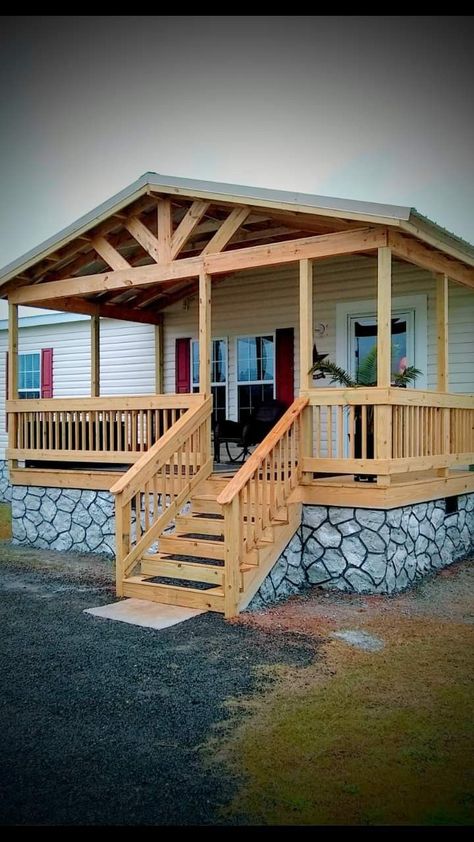 Double Wide Covered Front Porch, Adding A Front Porch To A Modular Home, Modular Home Back Porch Ideas, Decks And Porches For Mobile Homes, Porch Underpinning Ideas, Farmhouse Mobile Home Exterior, Mobile Home Decks And Porches, Mobile Home Porches, Mobile Home Landscaping