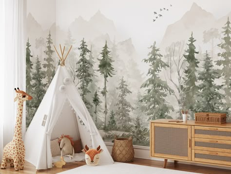 Watercolor Pine Tree Forest Woodland and Mountains Mural with White background for the nursery and kids room. Fir Trees Fabric Wallpaper Wallcovering wandtattoo kinderzimmer wandtattoos & wandbilde Our other stores:  CostaCover https://www.etsy.com/shop/CostaCover LoveArtPoster https://www.etsy.com/shop/LoveArtPoster All Wall Murals are made in separate 24in wide sheets for ease of application. ◾ MATERIALS ◾ We use only Genuine Water-Based NON-Solvent Inks, Class "A" Flame Resistant and GREENGUARD GOLD Certified Materials.  * Peel and Stick Vinyl: Smooth. Matte finish. Removable and repositionable for smooth surfaces. For long or short-term installations. * Peel and Stick Canvas Vinyl: Canvas texture. Matte finish. Removable and repositionable for smooth surfaces. For long or short-term in Woodland Theme Playroom, Woodland Wallpaper Nursery, Cute Nursery Themes, Forest Toddler Room, Forest Theme Wallpaper, Forest Kids Bedroom, Woodland Bedroom Kids, Viking Nursery, Woodland Wall Mural