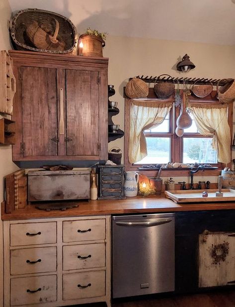 Rustic Farmhouse & Primitive decor | Facebook Primitive Kitchen Ideas, Primitive Colonial Kitchen, Top Of Fridge, Primitive Country Kitchen, Primitive Decor Ideas, Primitive Kitchens, Rustic Primitive Decor, Primitive Farmhouse Decor, Colonial Kitchen