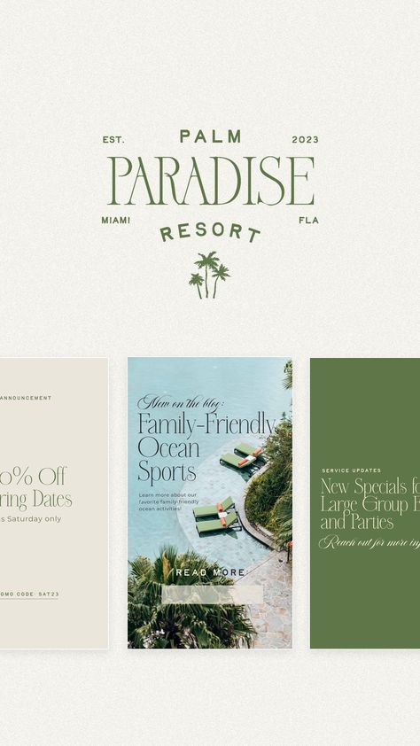 Chic Design Graphic, Wellness Graphic Design Inspiration, Social Media Design Clothing, Luxury Marketing Design, Marketing Collateral Design, Luxury Magazine Design, Post Card Ideas Creative, Travel Branding Design, Beach House Branding