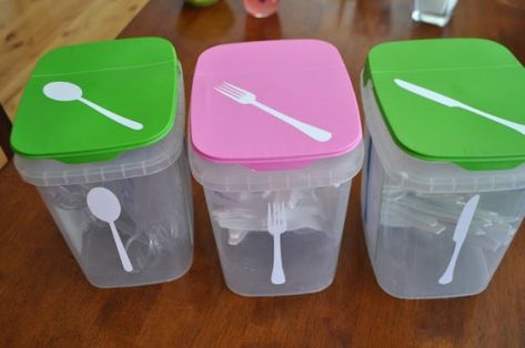 Plastic Utensil Storage, Cascade Dishwasher Pods, Dishwasher Tabs, Reuse Containers, Detergent Container, Dishwasher Pods, Rv Organization, Messy Kids, Utensil Storage