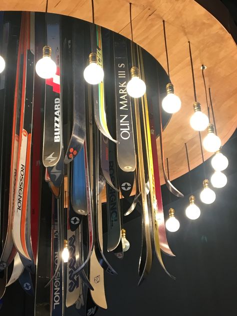 Mt Baldy ski Lodge chandelier detail of retro old skis 70s Ski Chalet Interior, Ski Resort Interior Design, Ski Lodge Lighting, House Light Fixtures, Ski Lodge Design, Old Skis Decor, 70s Ski Lodge, Apres Ski Aesthetic, Ski Resort Interior