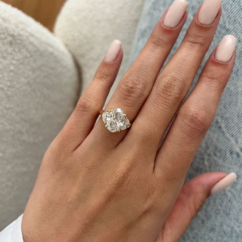 Three Carat Oval Engagement Ring, 3 Carat 3 Stone Engagement Rings, Oval Trilogy Engagement Ring With Wedding Band, Oval With Half Moon Side Stones, Oval Diamond With Side Stones, Three Stone Ring With Wedding Band, 3 Stone Engagement Rings Oval, Oval With Side Stones, Three Stone Engagement Rings With Band