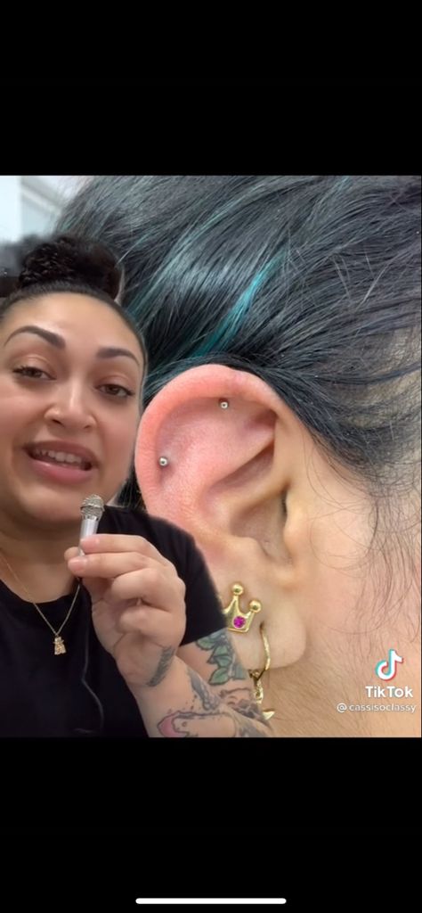 Industrial Piercing Right Ear, Faux Industrial Piercing, Industrial Piercing With Other Piercings, False Industrial Piercing, Industrial Piercing With Hoop Earrings, Modified Industrial Piercing, Unique Ear Piercings, Industrial Piercing, Tattoos And Piercings