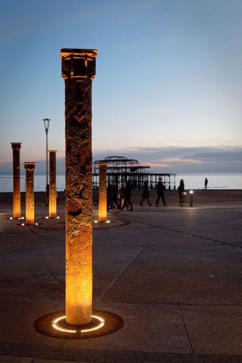 Exterior Columns, Park Lighting, Column Lights, Column Lighting, Artwork Lighting, Golden Spiral, Facade Lighting, Urban Lighting, Brighton Uk