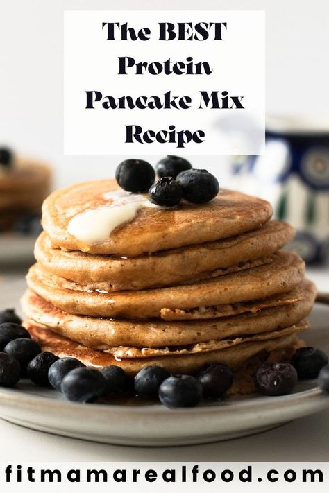 This homemade healthy protein pancake mix recipe is made with just 7 ingredients, and tastes delicious! Each pancake serving offers up 18 grams of protein. Make a big batch of protein powder pancakes and simplify the most busy morning. They are kid approved and delicious! Diy Protein Pancake Mix Easy, Protein Pancakes For Kids, Protein Pancake Mix Recipes, Healthy Pancake Mix, Homemade Pancake Mix Recipe, Healthy Protein Pancakes, Protein Pancakes Recipe, Best Whey Protein Powder, Protein Powder Pancakes