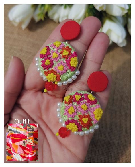 Custom made dangler ❤️🧡🩷💛💚 A bright pair for a bright Summer day! Super lightweight ofcourse. Colour Customisable! DM for details 🩷💛💚 . . . . . . . . . . . . . [handcrafted, handmade jewelry, hand embroidered, Beach vibe, holiday look, summer fashion, summer fashion jewelry, long earrings, statement earrings, embroidery jewelry, fabric jewellery, sustainable fashion summer collection, daily wear earrings, stud earrings, earrings collection, handmade earrings, Earrings, hanging earrings, earri... Hand Embroidery Earrings, Hand Embroidered Earrings, Embroidered Earrings Handmade, Mirror Embroidery Earrings, Embroided Earrings, Elegant Embroidered Earrings, Hand Embroidered Jewelry, Boho Crafts Diy, Handmade Fashion Jewelry