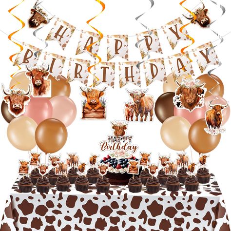 PRICES MAY VARY. Comprehensive Highland Delight: our highland cow party decorations are the complete package for an unforgettable party; The package brings a comprehensive set that includes 1 banner, 24 hanging swirls (equipped with silver and orange foil swirl streamers), 25 highland cow cake toppers, 25 balloons and 1 cow print tablecloth as a solution to meet your festive needs; Designed with the adorable motif of highland cow and floral patterns, these decorations promise a rich party experi Cattle Cake, Cow Birthday Decorations, Boho Birthday Decorations, Cow Print Birthday Party, 25 Balloons, Highland Cow Birthday, Rich Party, Birthday Cow, First Birthday Board