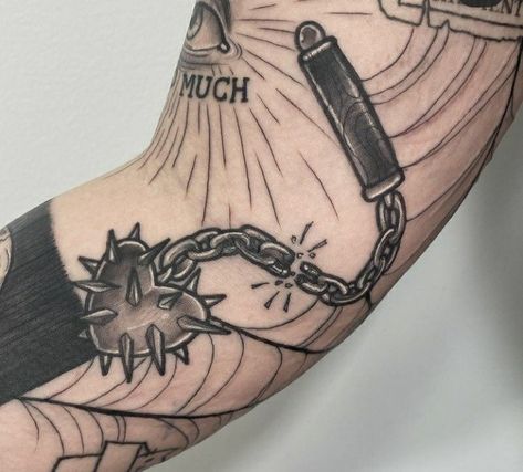 Chain And Ball Tattoo, Heart Chain Mace Tattoo, Back Of Thigh Tattoo, Chain Tattoo, Medieval Tattoo, Funky Tattoos, Sick Tattoo, Spooky Tattoos, Old School Tattoo Designs