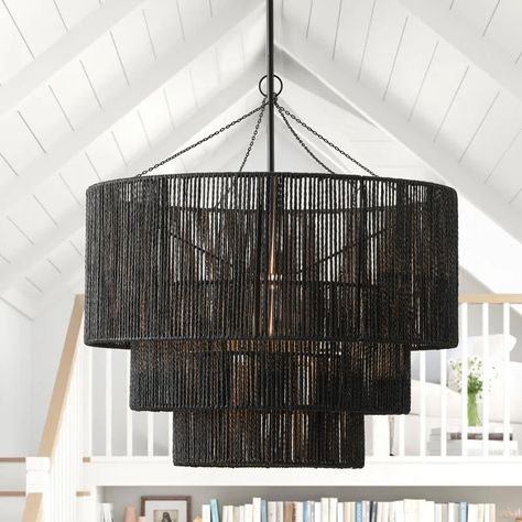 Latitude Run® Bribie 1-Light Woven Black Finish Dimmable Pendant Light | Wayfair Wicker Chandelier, Black Wicker, Rattan Chandelier, Salon Suites, Drum Chandelier, Black Chandelier, Led Wall Lights, Light Black, Looks Chic