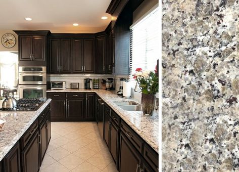 Dark Kitchen Cabinets with Butterfly Beige Granite Countertop Butterfly Beige, Beige Granite, Replacing Kitchen Countertops, Espresso Kitchen, Kitchen Countertop Materials, Dark Wood Cabinets, Countertop Colours, Granite Countertop, Black Kitchen Cabinets