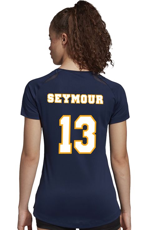 Custom navy & gold volleyball jerseys. Seymour High School Volleyball varsity High School Volleyball, Volleyball Jersey, School Volleyball, Volleyball Uniforms, Volleyball Jerseys, Navy Gold, Blue Gold, Volleyball, High School