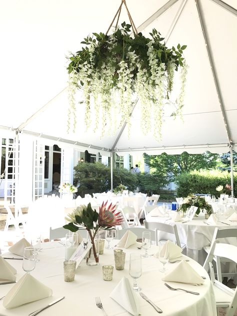 Floral chandelier with greenery and white wisteria Flower Chandelier Wedding, Chandelier Greenery, Floral Chandelier Wedding, Chandelier Wedding Decor, Wisteria Wedding, Wedding Marquee, White Wisteria, Wedding Chandelier, Flower Chandelier