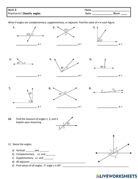 Complementary, Supplementary, and Vertical Angles Practice worksheet Measuring Angles Worksheet, Angle Pairs, Complementary Angles, Supplementary Angles, Angle Relationships, Triangle Angles, Angles Worksheet, Relationship Worksheets, Triangle Worksheet