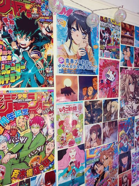 anime wall photos collage pictures cartoon animation japanese studio ghibli attack on titan my hero academia saiki k monster high teen bedroom ideas inspiration avatar the last air bender indie cute cool maid sama Anime Bedroom Ideas, Photo Manga, Otaku Room, Study Decor, Anime Decor, Anime Room, Anime Cover Photo, Room Goals, Gaming Room Setup