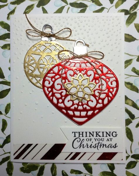 Embellished Ornament stamp set and Delicate Ornament Thinlits Dies by Stampin' Up! make this an easy card to make. Created by Linda. Thinlits Dies, Handmade Christmas Cards, Stamped Christmas Cards, Christmas Card Ornaments, Ornament Card, Christmas Card Inspiration, Homemade Christmas Cards, Stampin Up Christmas Cards, Christmas Scrapbook