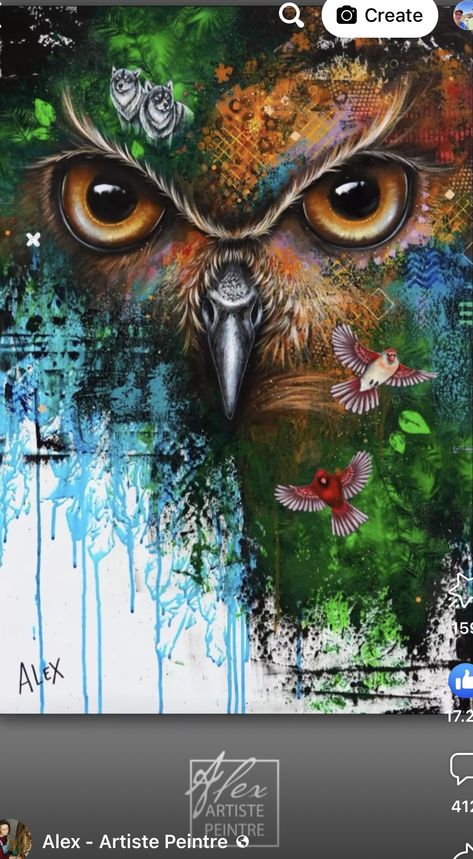 Acrylic Painting Ideas On Canvas Animals, Owl Spirit Animal Art, Owl Art Painting, Colorful Animal Paintings, Owl Artwork, Abstract Animal Art, Spirit Animal Art, Prophetic Art, Diy Canvas Art Painting