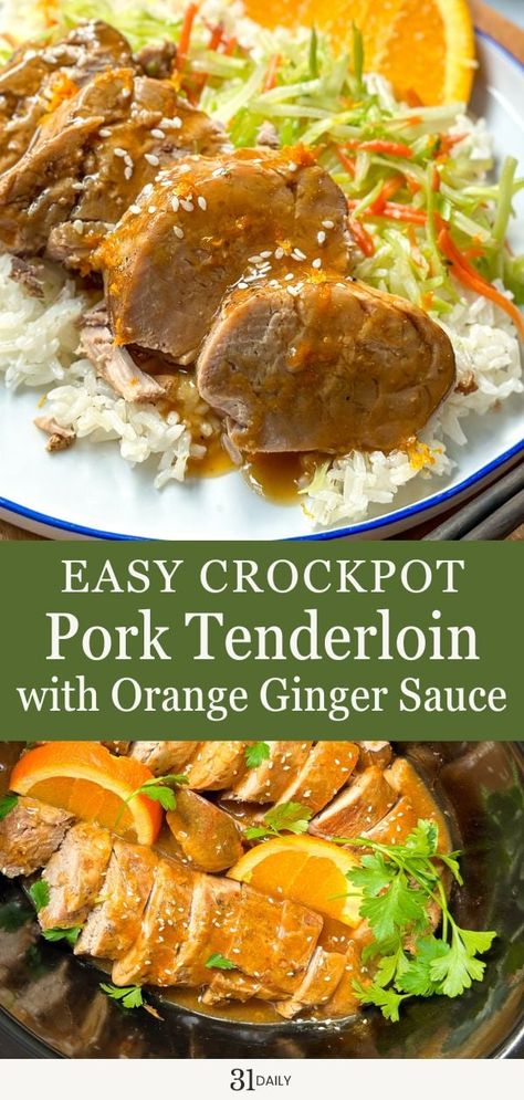 Crock Pot pork tenderloin with a delicious Orange Ginger Sauce takes just minutes to prep. The result? Fall apart tender meat and amazing flavors! Orange Ginger Sauce, Crock Pot Pork Tenderloin, Tenderloin Recipes Crockpot, Loin Recipes, Crockpot Pork Loin, Crockpot Pork Tenderloin, Crock Pot Pork, Slow Cooker Pork Tenderloin, 31 Daily