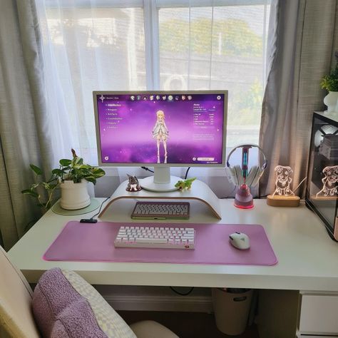 Purple and green PC gaming setup Pc Gaming Setup Beginner, Purple Pc Setup Aesthetic, Green And Purple Gaming Setup, Purple Desk Setup Aesthetic, White And Purple Pc Setup, Green Setup Gaming, White Monitor Setup, Desk Setup Purple, Aesthetic Monitor Setup