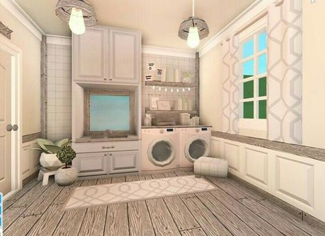 Bloxburg Laundry Room Ideas, Bloxburg Designs, Bloxburg Decor, Aesthetic Bloxburg, Bloxburg Rooms, Roblox House, Modern Family House, Tiny House Bedroom, Two Story House Design