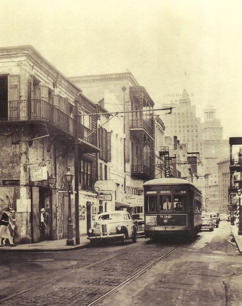 (setting)  This picture is very similar to the play.  It looks like the older/run down part of town with higher buildings and balconies.  Balconies like the one Stella came down from when Stanely begged for forgiveness. [Act I scene 1 pg 15] New Orleans History, Louisiana History, A Streetcar Named Desire, Late 30s, High Building, South Louisiana, Bourbon Street, Back Ground, New Orleans Louisiana