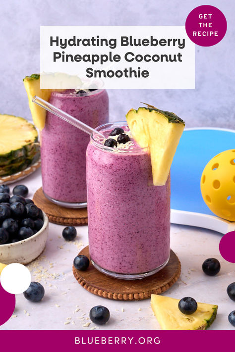 The Pineapple Coconut Blueberry Smoothie is a dreamy tropical treat that brings the summer vibes to any day of the year! Delicious blueberries, pineapple and banana deliver fruity goodness, coconut water provides extra hydration, and coconut milk and vanilla Greek yogurt add even more flavor and smooth creaminess. This smoothie is perfect for boosting energy before exercising, refreshing after your workout, or just enjoying while relaxing. No judgment! Kid Friendly Smoothies, Pineapple Coconut Smoothie, Coconut Blueberry, Highbush Blueberry, Growing Blueberries, Easy Healthy Smoothies, Blueberry Smoothie, Yogurt Milk, Coconut Smoothie