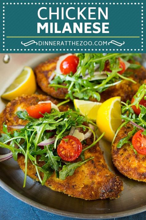 Chicken Milanese is crispy chicken cutlets topped with a fresh arugula and tomato salad, an easy yet elegant dinner! #chicken #dinner #dinneratthezoo Cutlet Recipes, Milanese Recipe, Chicken Cutlet Recipes, Chicken Milanese, Easy Dinner Options, Breaded Chicken Cutlets, Chicken Cutlet, Cutlets Recipes, Dinner Options