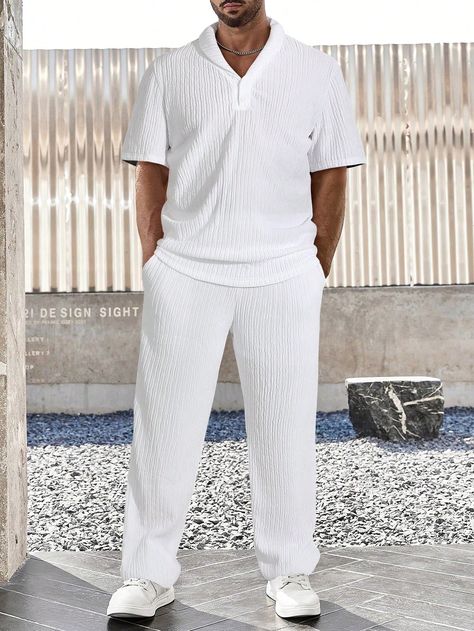 Ensemble de polo à manches courtes pour hommes, de couleur unie et décontracté pour l'été, avec pantalon assorti Blanc Casual    Unicolore  Élasticité moyenne  Men Clothing, size features are:Bust: ,Length: ,Sleeve Length: Elegant Male Outfit, White Party Outfit, Shirt And Pants Set, Short Blanc, All White Outfit, Color Shorts, Mens Casual Outfits, Shirt And Pants, Kids Beachwear