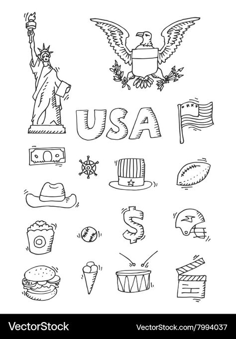 Usa Drawing, America Drawing, Travel Symbols, Lettering Download, Hand Drawn Icons, United States History, Tattoo Women, Doodle Designs, Backdrops Backgrounds