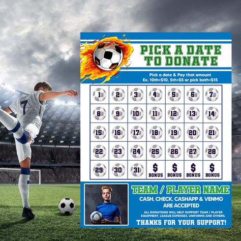 Soccer Pick a Date to Donate Calendar Flyer, Football Fundraiser Sponsor Team Player, School Sports Fundraiser Template, Paperless Post Soccer Fundraiser, Calendar Flyer, Football Fundraiser, Sports Fundraisers, Fundraising Event, Sports Soccer, Paperless Post, Charity Events, Fundraising Events